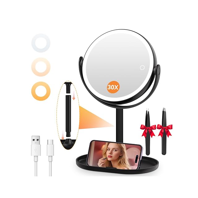 Specchio cosmetico luminoso bifacciale Auxmir con anello LED e supporto