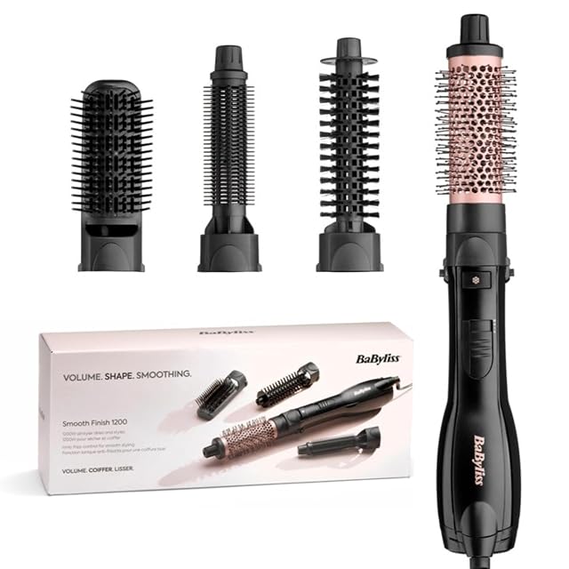 Spazzola ad aria calda BaByliss Smooth Finish 1200 con quattro accessori, nera e rosa