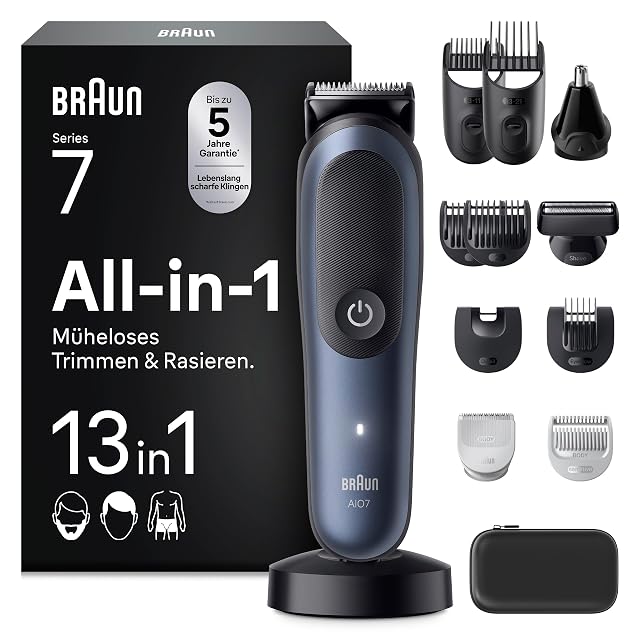 Kit per la cura Braun Multigroom Series 7 AIO7565 da tredici pezzi, blu, con testina di precisione